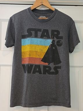 Star Wars Gray Tee with Blue Yellow Orange Retro Stripes